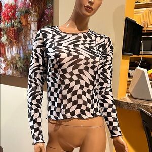 Black and White Geometric Women's S mesh sheer  Top nwt